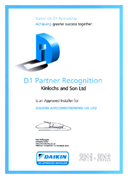 Daikin a/c D1 certificate awarded to KSL air conditioning allowing a 5 year warranty to be offered, please call 01634 290999 for more details.